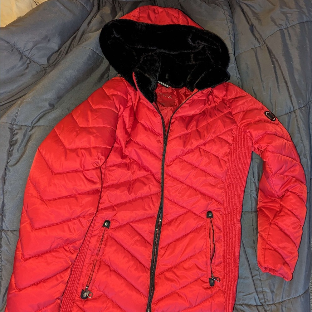 Nautica red & black thumb hole zipper coat